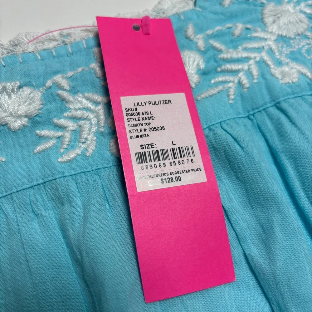Lilly Pulitzer Tamryn Top Blue Ibiza Women's L Embroidered Cotton Blouse New - Picture 7 of 9